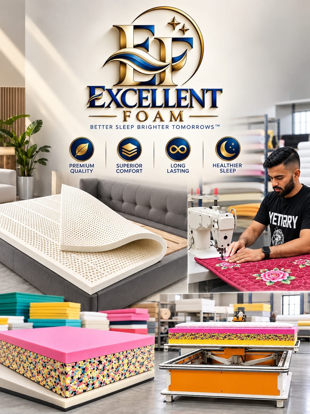 Excellent Foam manufacturing poster: latex foam sheet, a worker quilting mattress fabric on an industrial machine, stacked foam sheets and mattress production machinery in the factory