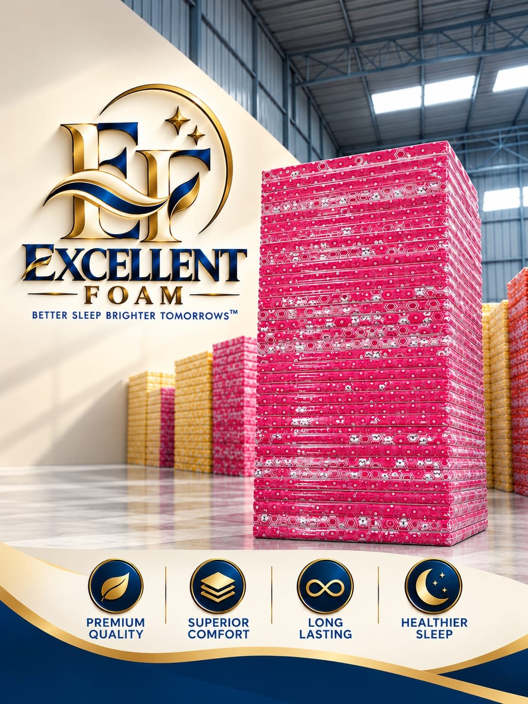 Excellent Foam bulk supply poster: large stacks of packed mattresses held in the warehouse for wholesale and high volume orders