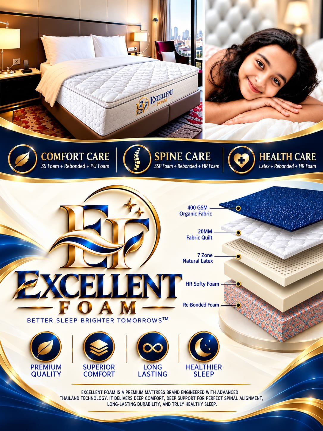 Excellent Foam mattress construction poster: Comfort Care, Spine Care and Health Care foam combinations and the layer diagram of 400 GSM organic fabric, 20mm fabric quilt, 7 zone natural latex, HR softy foam and re-bonded foam