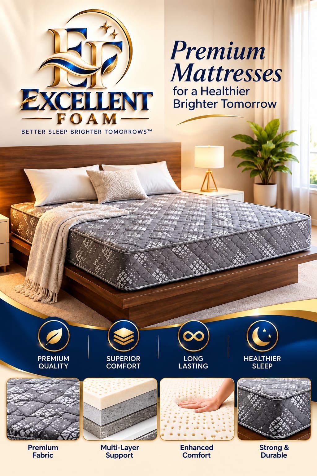 Excellent Foam Premium Mattresses poster: a quilted grey mattress in a bedroom with the Excellent Foam logo and the promises of premium quality, superior comfort, long lasting use and healthier sleep, plus premium fabric, multi-layer support, enhanced comfort and strong durable construction