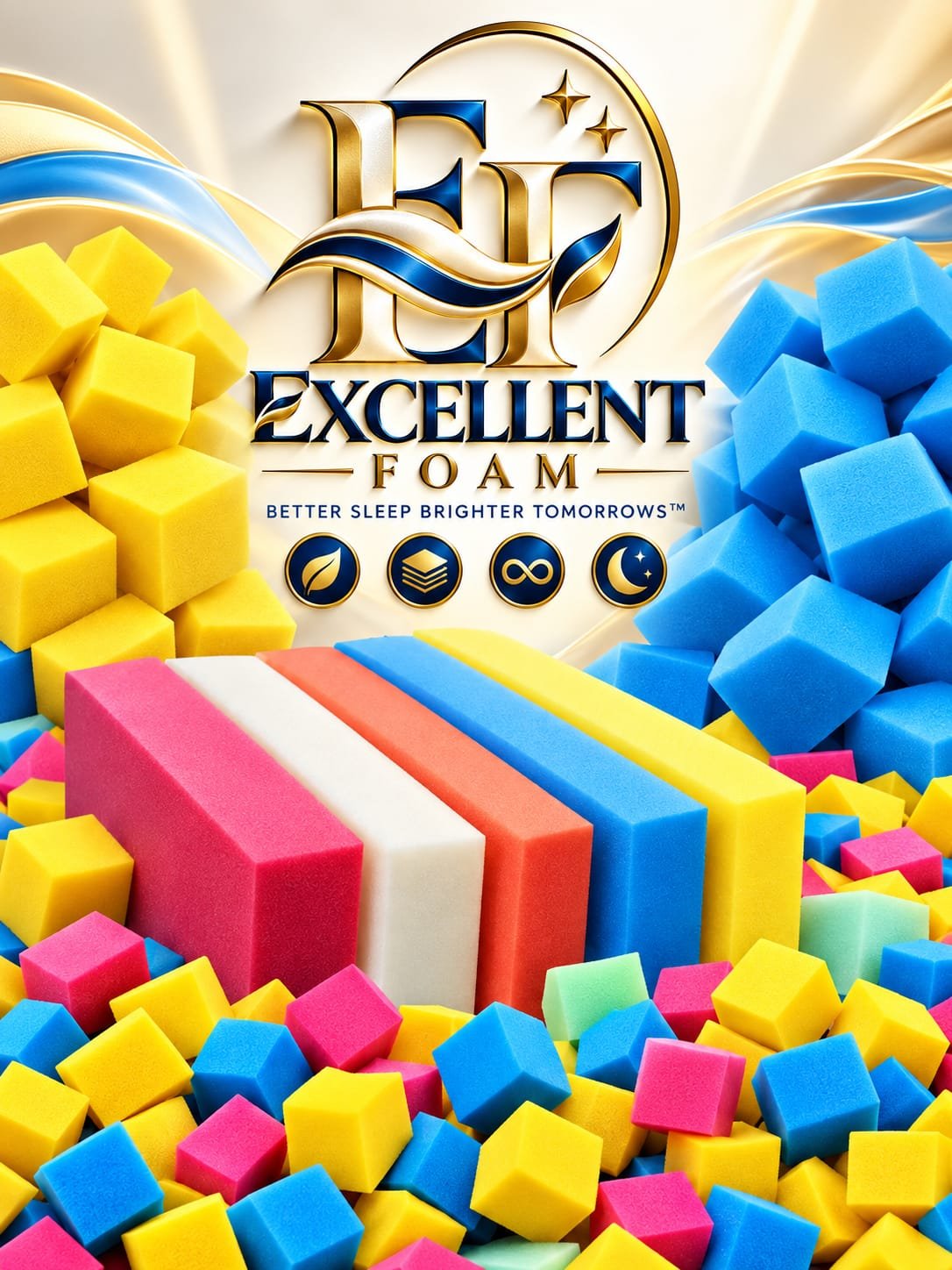 Excellent Foam foam range poster: coloured foam cubes in yellow, blue, pink and green with foam blocks in pink, white, red, blue and yellow