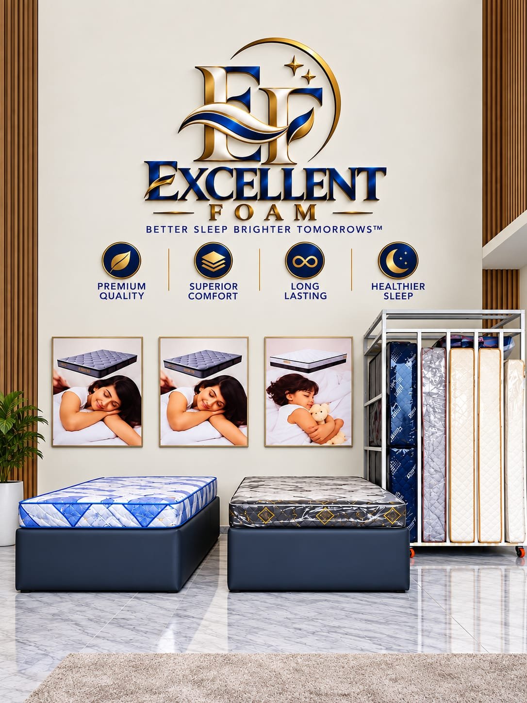 Excellent Foam showroom poster: the Excellent Foam logo and brand promises on the showroom wall above displayed mattresses and a rack of packed mattresses