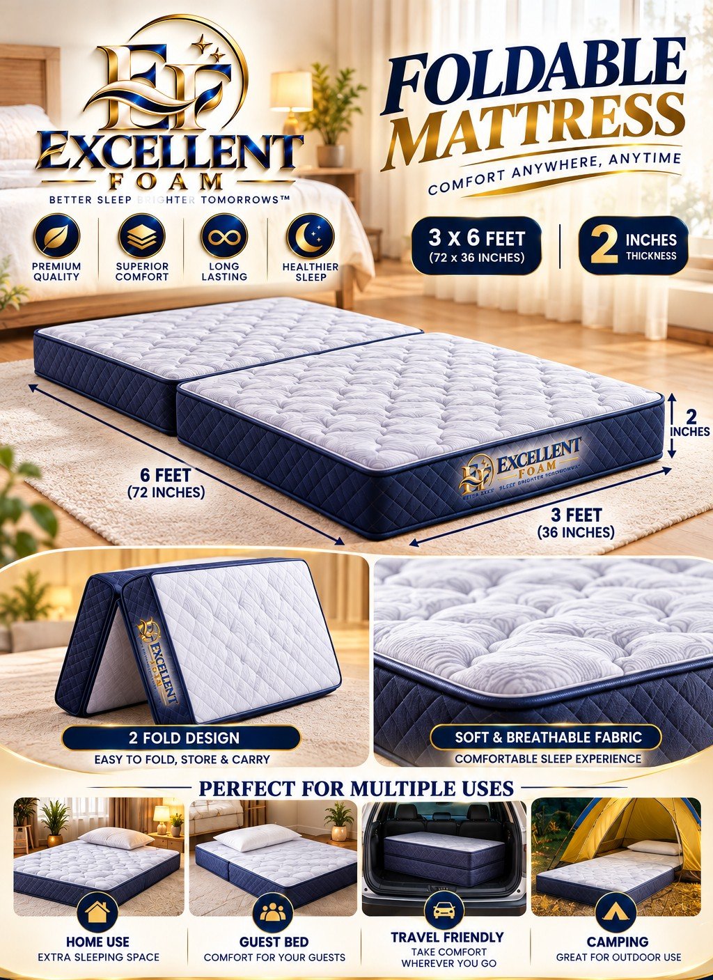 Excellent Foam Foldable Mattress poster: 3 x 6 feet, 2 inch thickness, two fold design, soft breathable fabric, and uses at home, as a guest bed, while travelling and camping